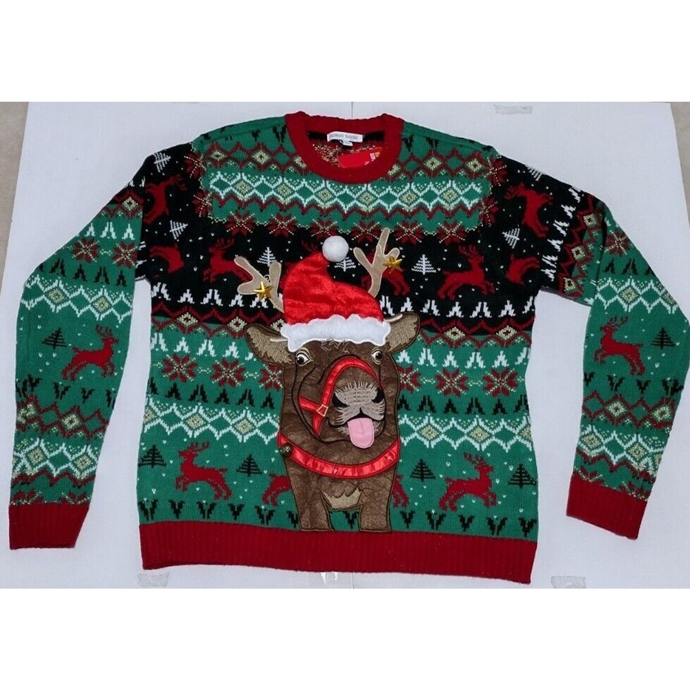 Men's Ugly Christmas Sweater Celebrate Together Reindeer Green Red Sz L MSRP $60